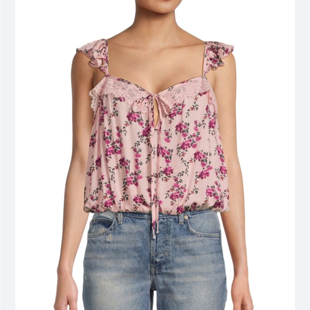 Free People Pink Floral Lace-Trim Tank Bodysuit